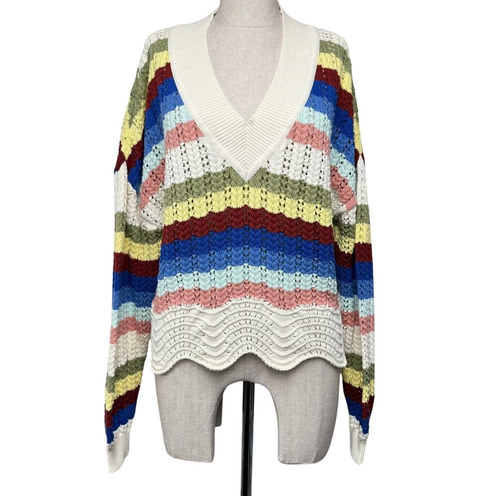 Electric & Rose Striped Crochet V-Neck Sweater Oversized Relaxed Cotton S
